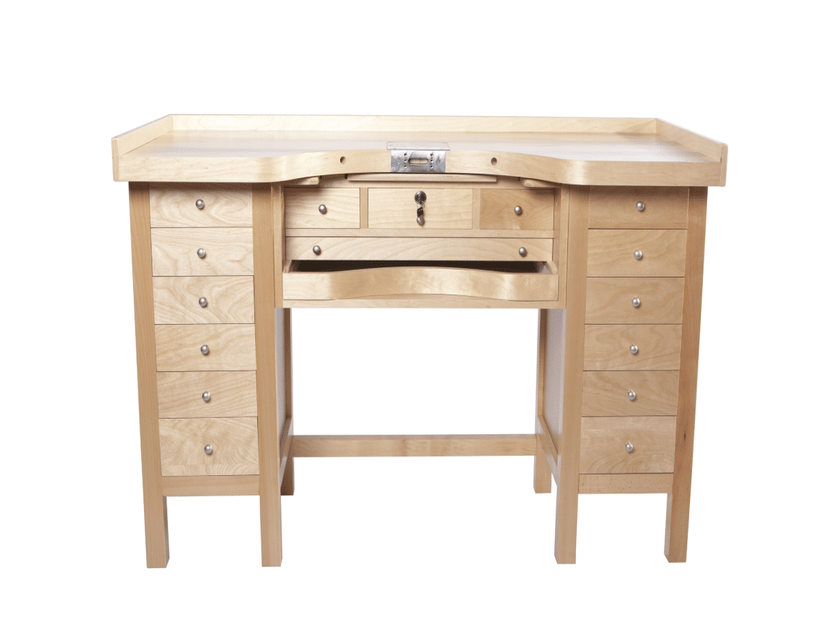 Large GRS jeweler's workbench Key Features: 2-Inch Thick Tabletop: Crafted from natural birch plywood, the substantial thickness provides a robust and stable work surface, especially beneficial for users of the GRS Benchmate or other GRS systems. Ample Storage: With generous storage options, this workbench caters to both beginners and seasoned professionals, ensuring that all your tools and materials are organized and within easy reach. Versatile Use: Suitable for both novice and experienced jewelers, offering a comfortable and functional workspace for various jewelry-making tasks.